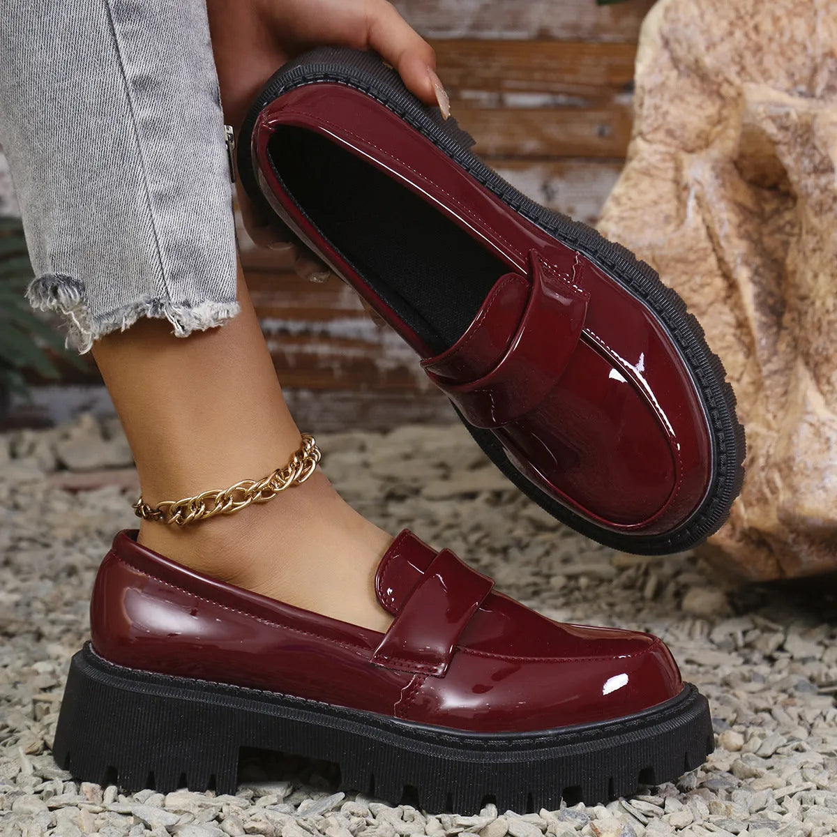 Plus size women's slip-on loafers with chunky platform heel in black, wine red, or green options