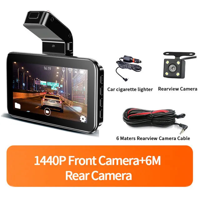 3-inch screen dual lens car dash cam with front and rear recording camera on dashboard