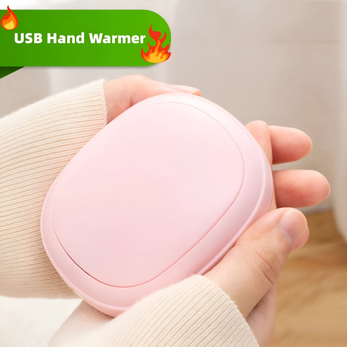 Compact USB hand warmer in pebble shape with single side heating, available in pink blue green beige colours