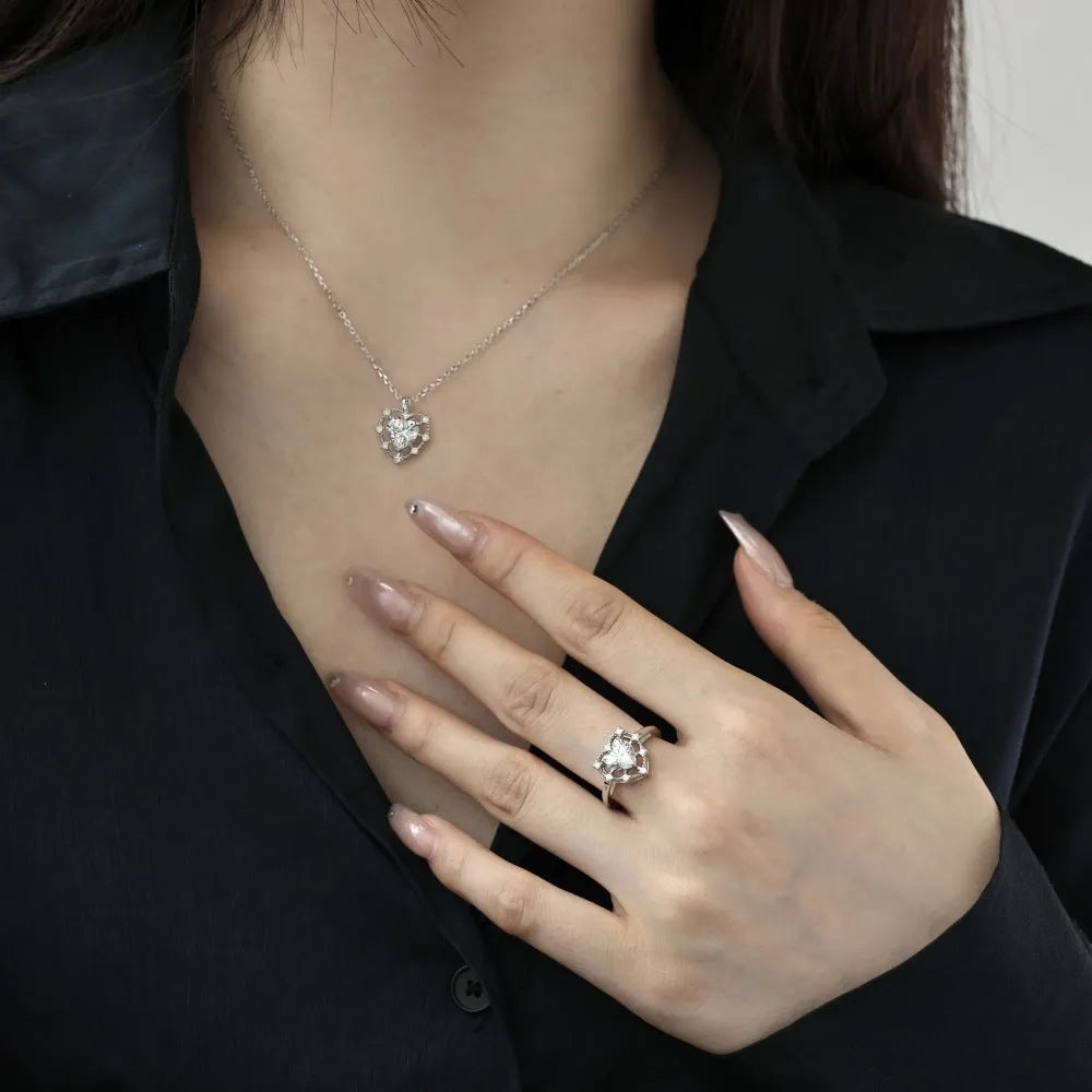 925 silver hollowed heart necklace and ear stud set with platinum pink or white diamond finish
