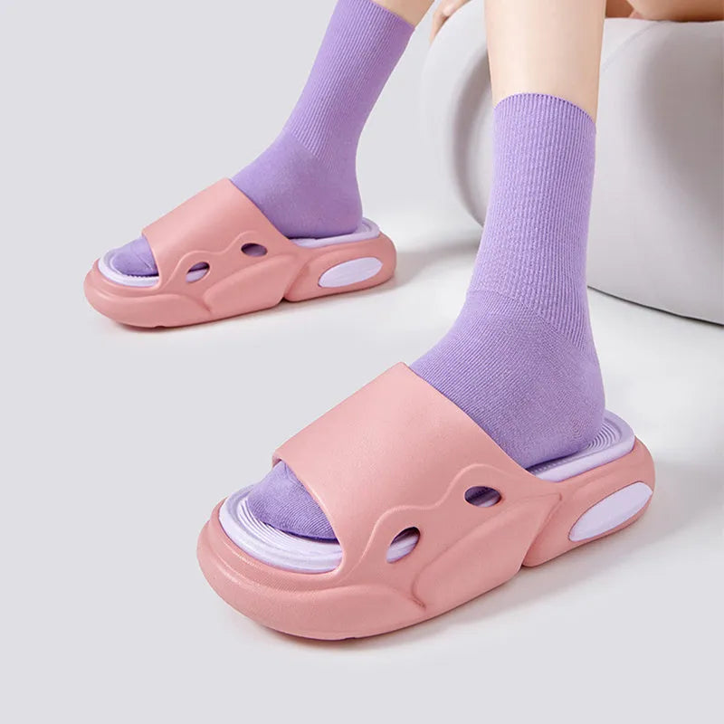 Two-colour thick-soled slippers for couples in pink purple, white green, and black white options