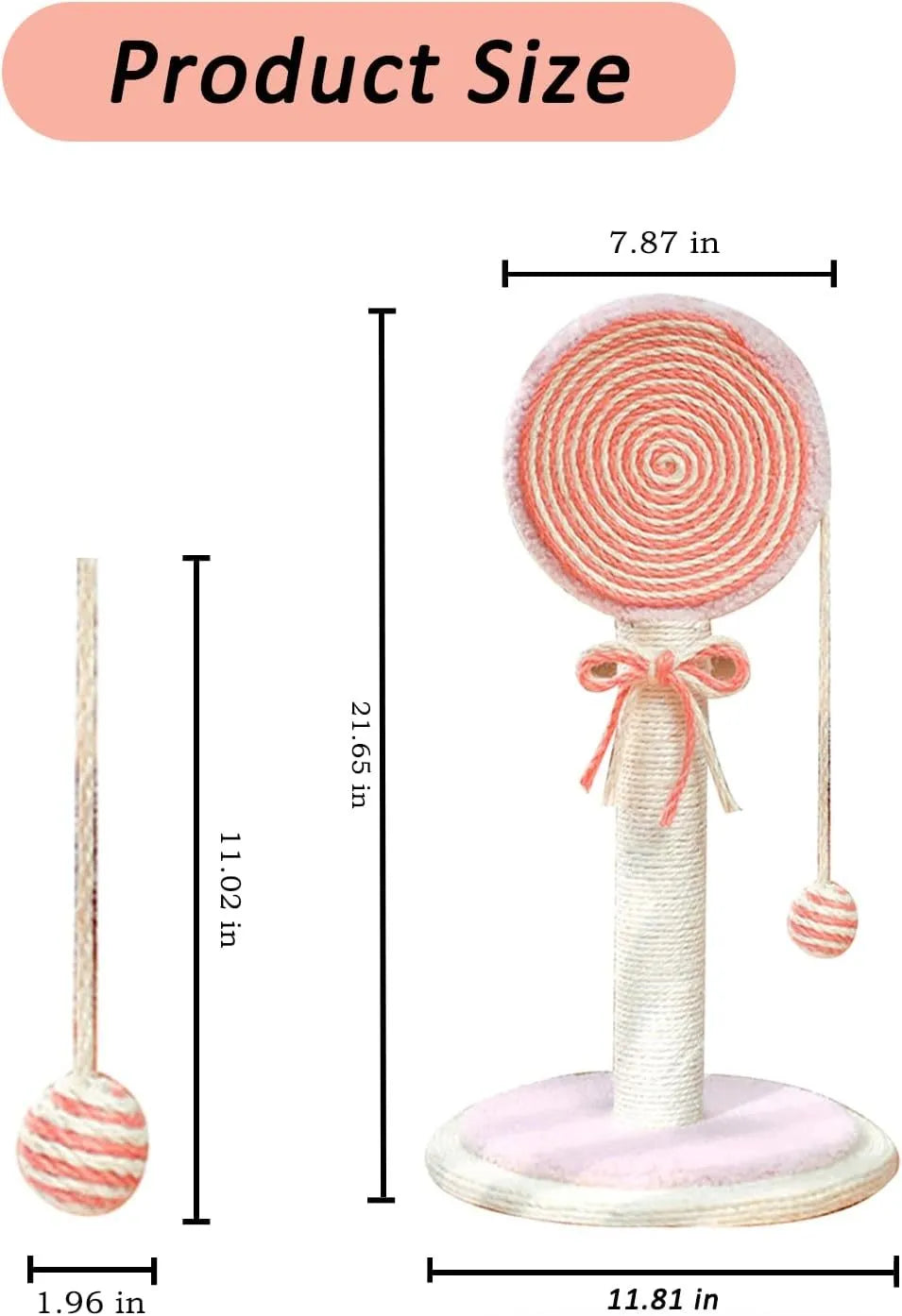 Blue cat scratching post with natural sisal rope and a hanging ball toy on a wooden base.
