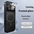 Magnetic tempered glass iPhone case in frosted finish showing Black, Orange, and Titanium Grey colour options