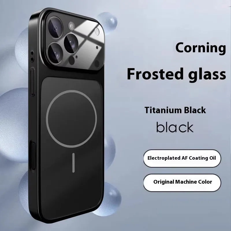 Magnetic tempered glass iPhone case in frosted finish showing Black, Orange, and Titanium Grey colour options