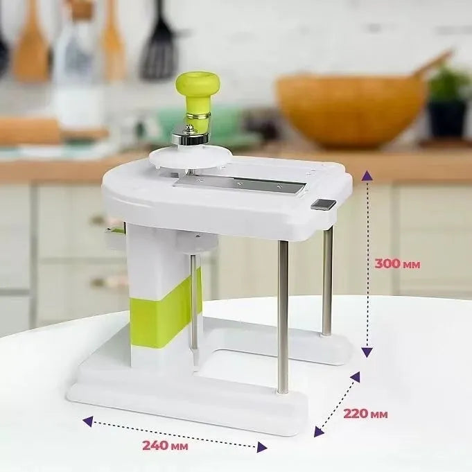 Beige stainless steel vegetable slicer chopper and spiralizer tool for kitchen use