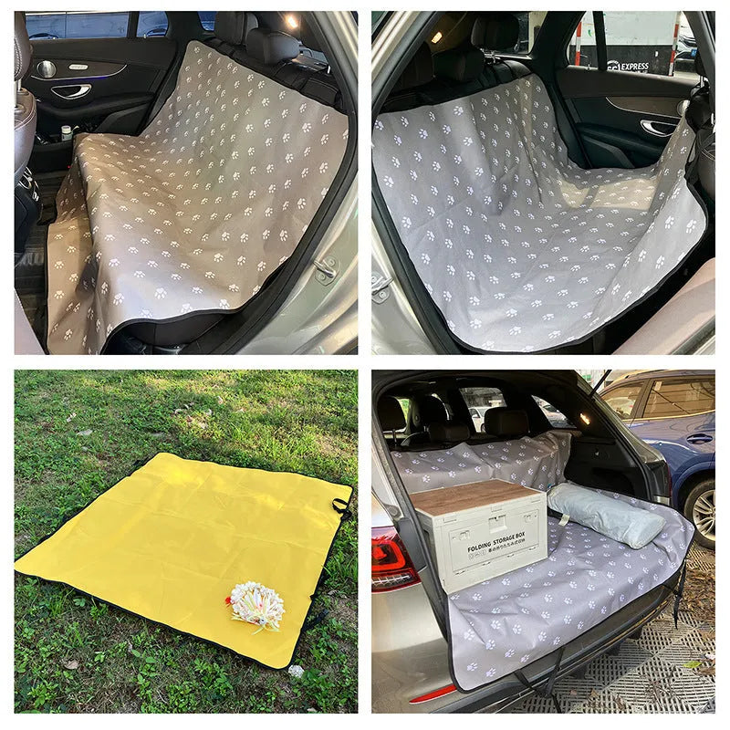 Water resistant cloth car pet mat for the rear seat, shown in a grey dog footprint print design.