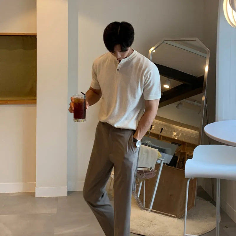 Men's slim-fit ice silk knitted short-sleeved pullover shirt in black, khaki or white