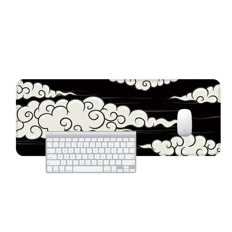 Large rubber desk mat with Japanese minimalist graphic pattern on a wooden desk