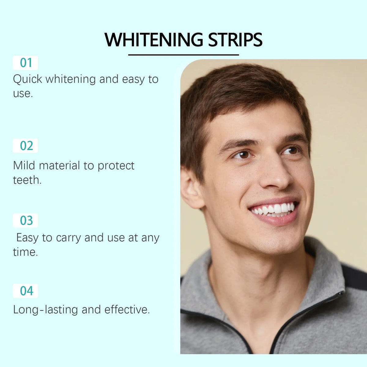 Gear rack teeth whitening strips set with 7-tooth colourimetric card and mild ingredients