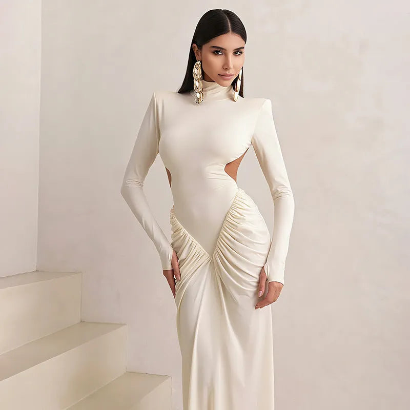 Women's long sleeve high collar slim fit dress with pleated backless design in multiple colour options