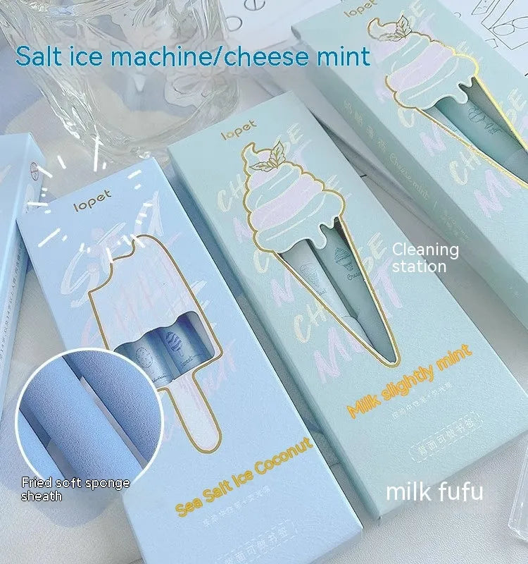Four double-headed fluorescent calligraphy pens with sponge press design in cheese mint and sea salt ice cup colours