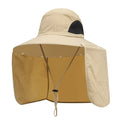 Summer fisherman hat with neck protection in khaki, showing dome crown and nylon fabric outdoors