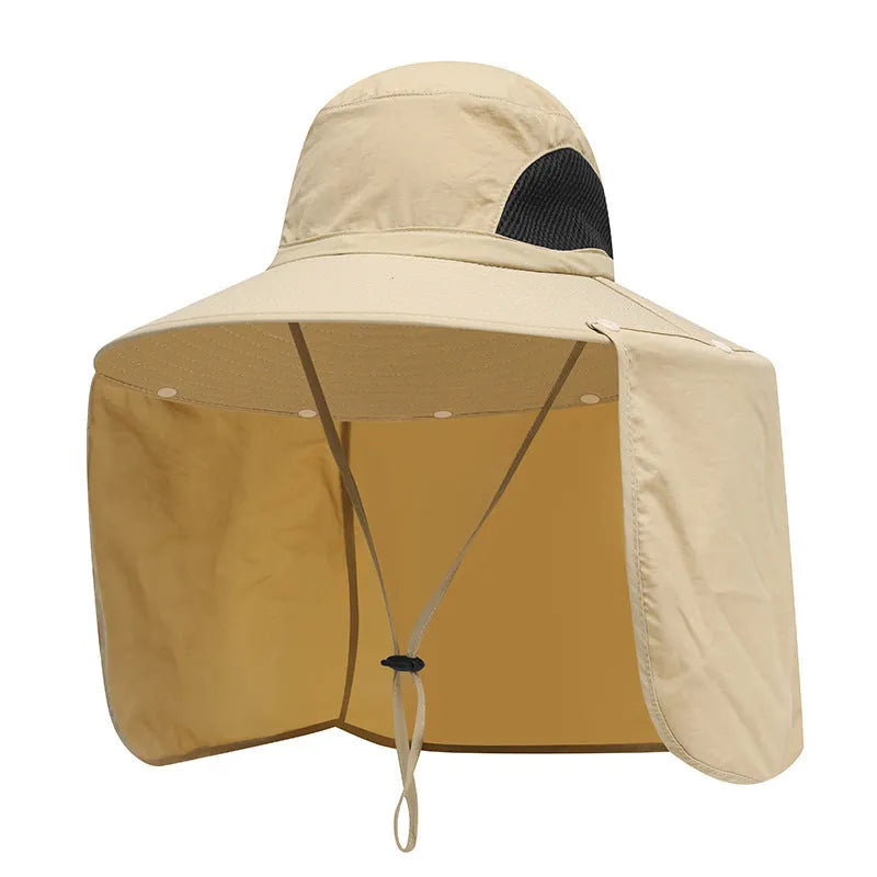 Summer fisherman hat with neck protection in khaki, showing dome crown and nylon fabric outdoors