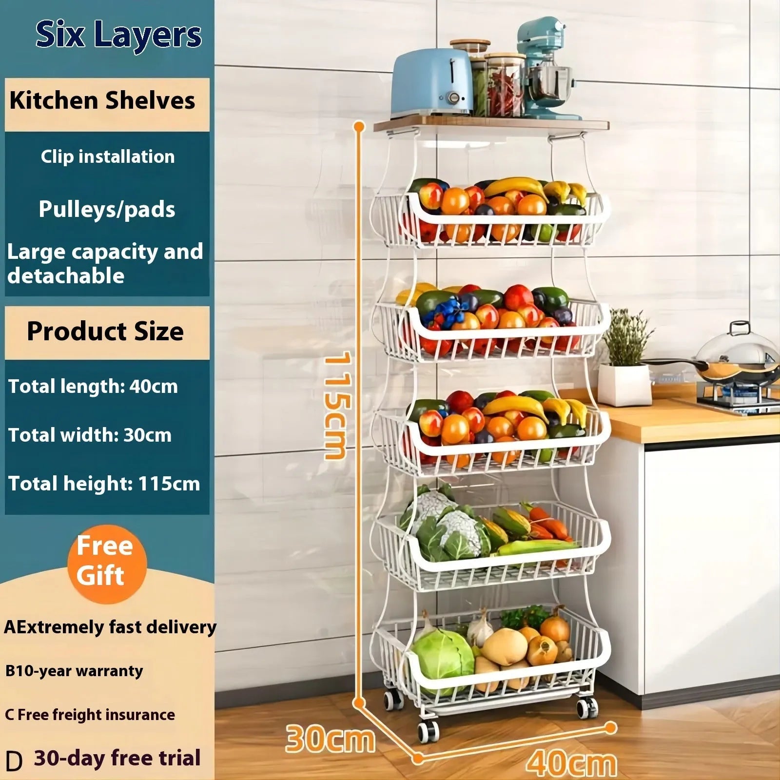 Black six-tier free-standing kitchen storage trolley with foldable metal shelves.