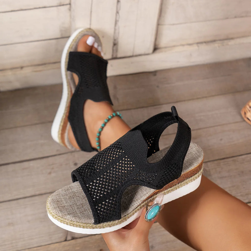 Women's hollow wedges sandals with breathable woven mesh upper and patent leather, peep-toe design, available in beige, black, khaki sizes 36-43