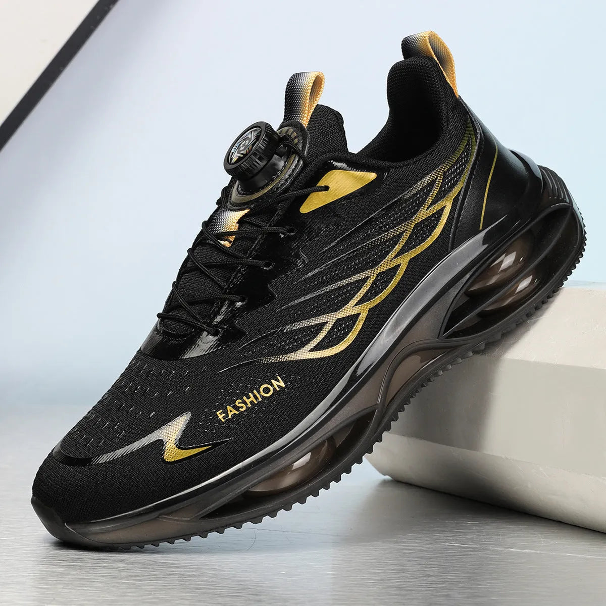 Casual breathable running shoes in sky blue, black gold, or white colours with rubber sole and lace-up closure