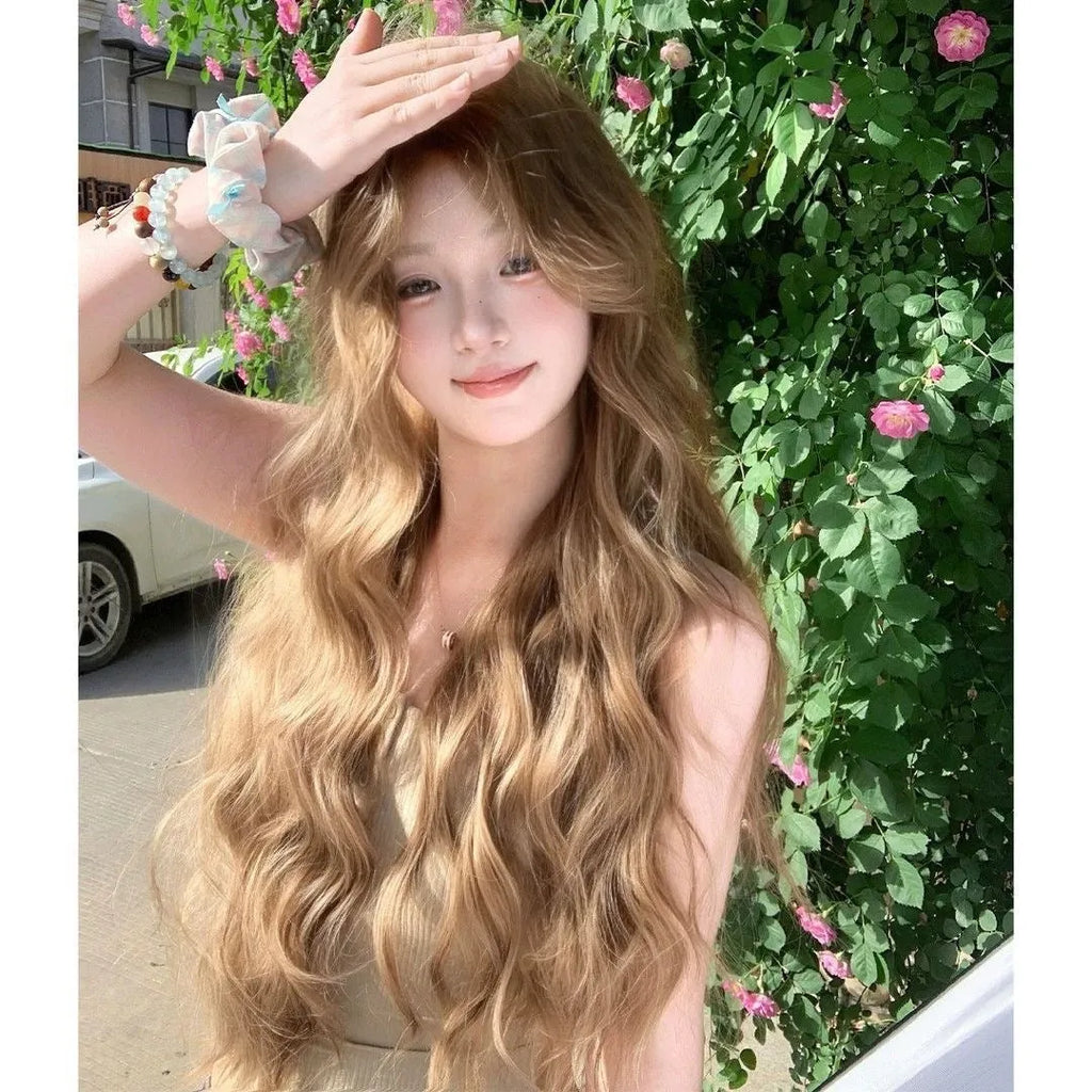 Linen brown long curly lace front wig with mechanism construction and high temperature fibre synthetic hair