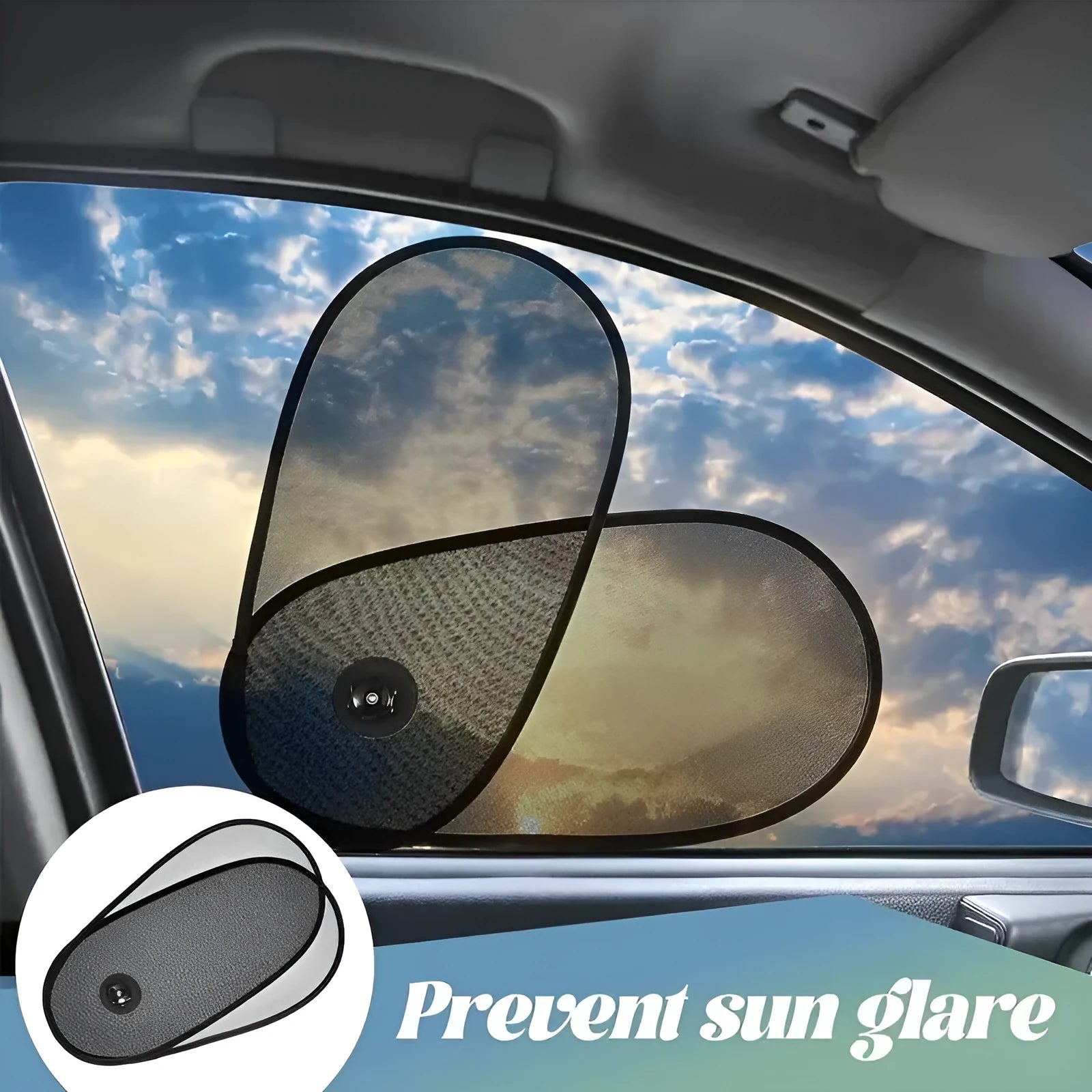 Black breathable car side window shade with suction cups stretched over a car window