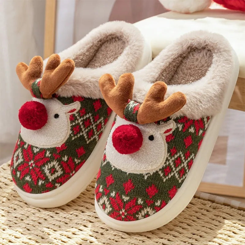 Cute Christmas elk plush slippers in Christmas Red with non-slip PVC sole, women winter house shoes