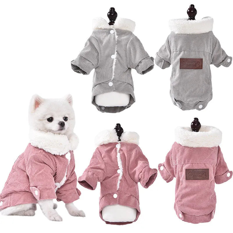 Grey lambswool fleece-lined dog vest for winter wear on a canine model