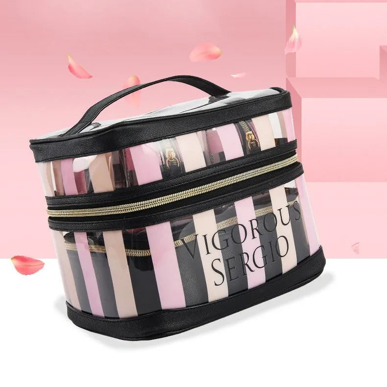 Pink floral striped waterproof synthetic leather makeup buggy bag with folding design.