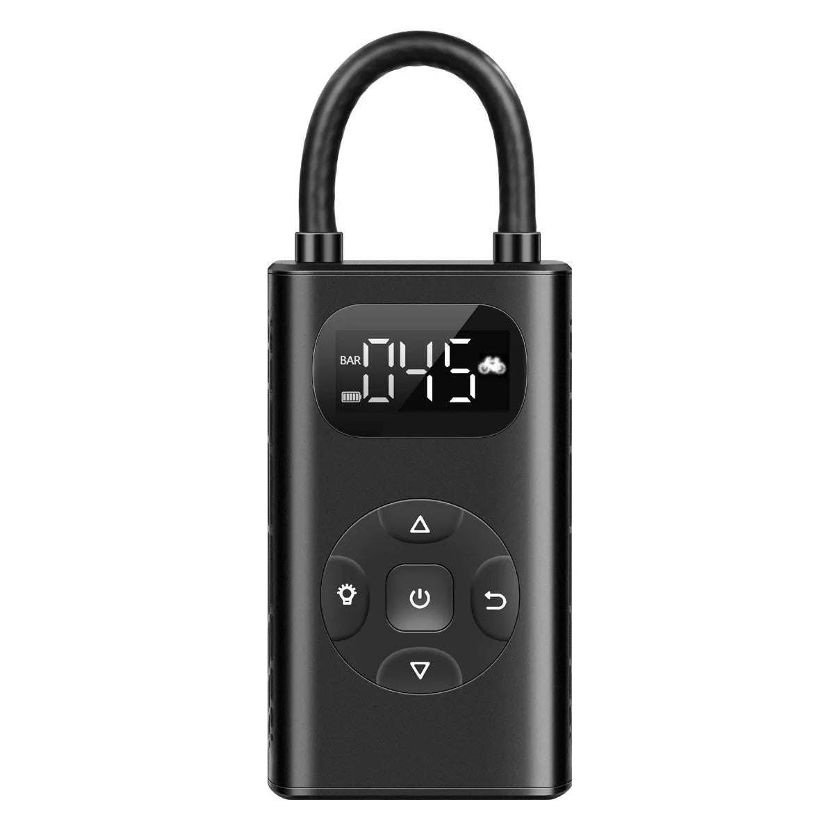 Black portable USB tyre inflator with digital display and air hose for cars and bikes.