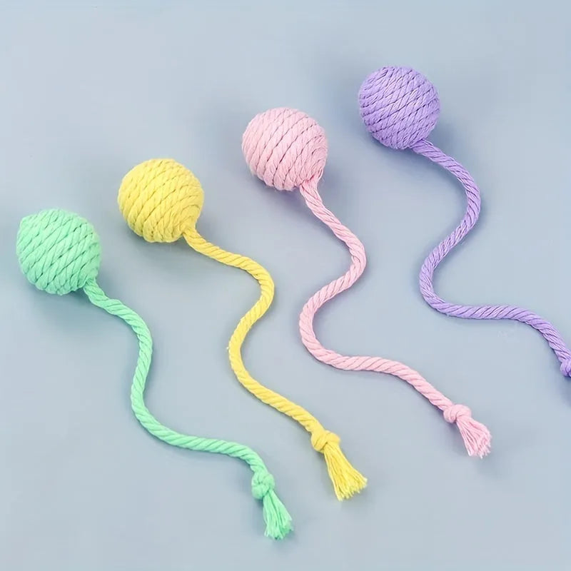 Cat toy ball with rope attached in green, pink, purple, or yellow colours with internal bell
