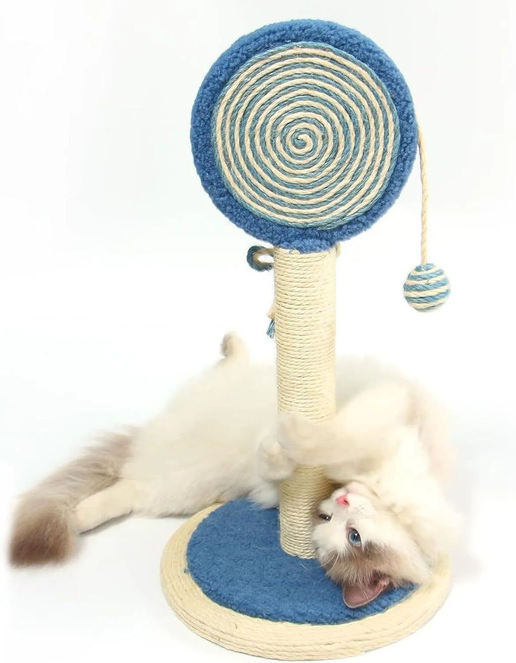 Blue cat scratching post with natural sisal rope and a hanging ball toy on a wooden base.
