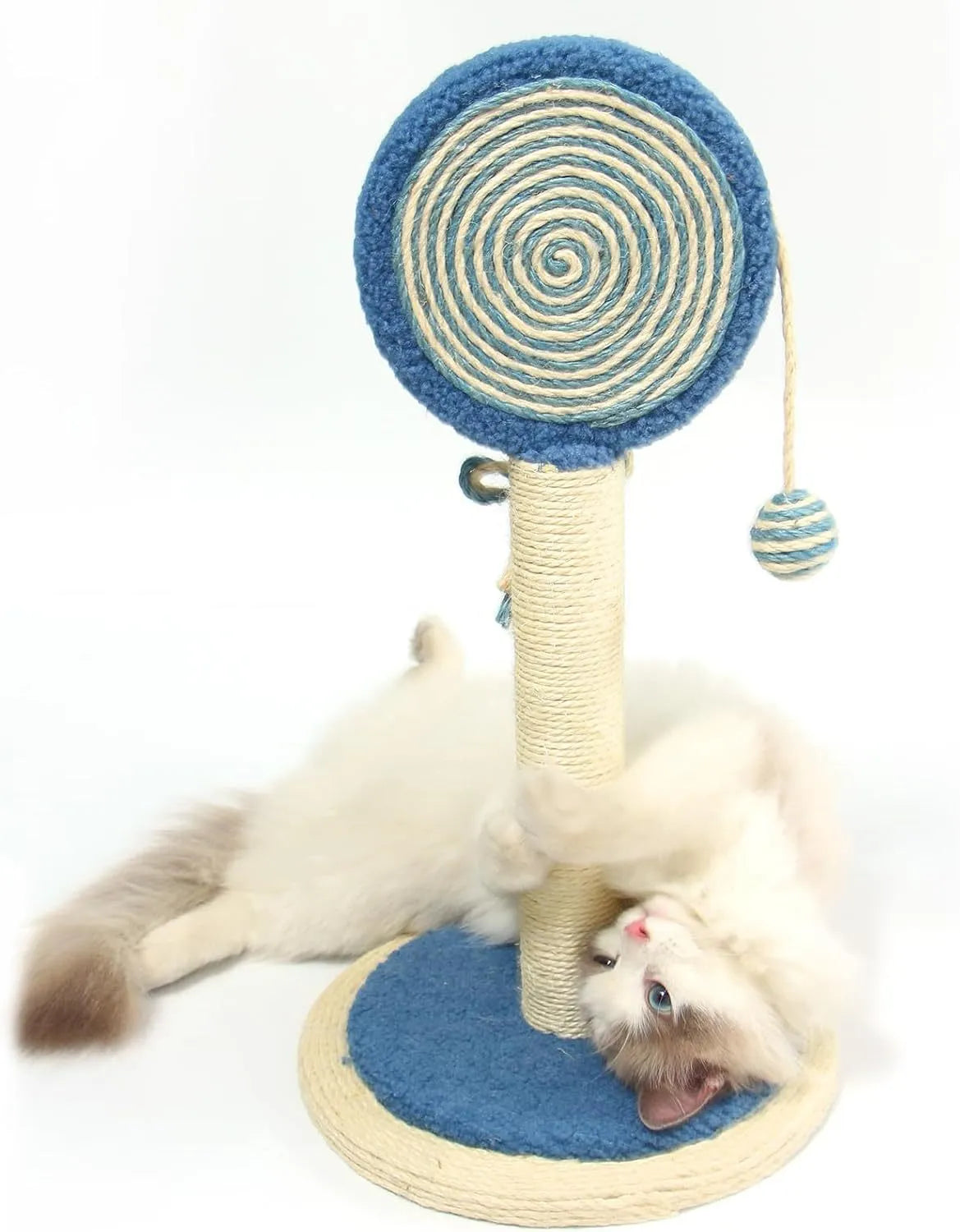 Blue cat scratching post with natural sisal rope and a hanging ball toy on a wooden base.