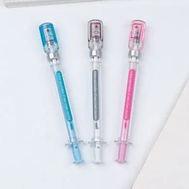 Black and clear plastic vaccine syringe design gel pen with 0.5mm tip on white background.