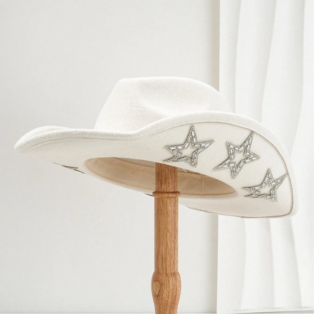 Beige polyester western-style top hat with a conical crown and a woven hexagonal star pattern.