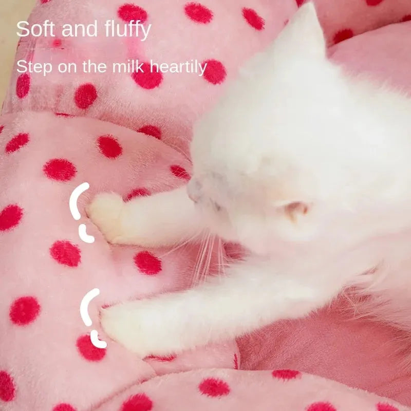 Pink dot pattern fabric cat bed shown in 45cm and 65cm diameter sizes
