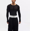 Black slim-fit long sleeve pullover with a mesh see-through texture and round collar.