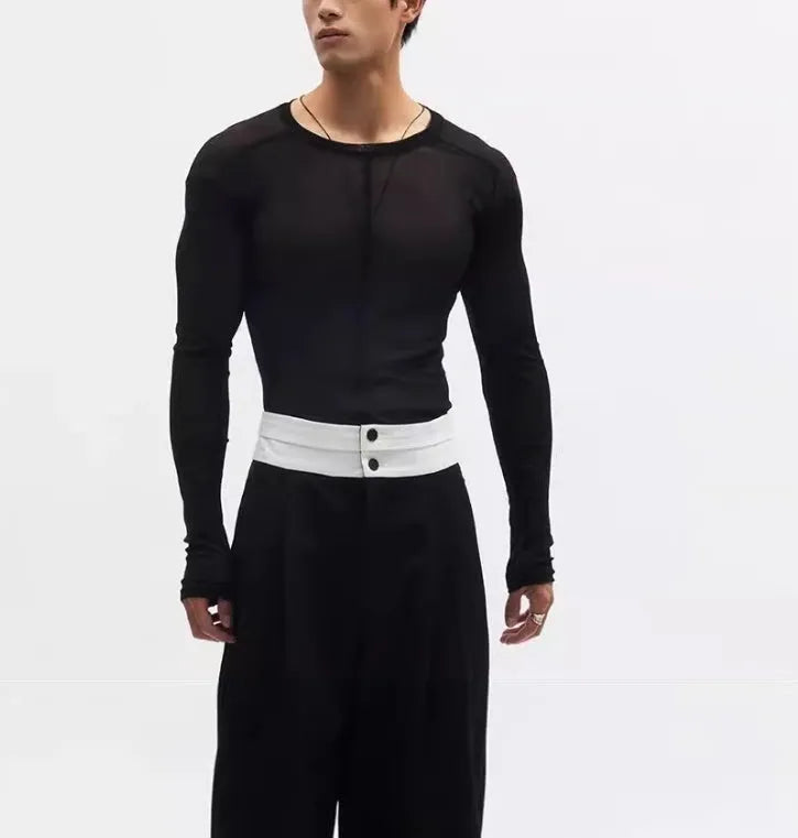 Black slim-fit long sleeve pullover with a mesh see-through texture and round collar.