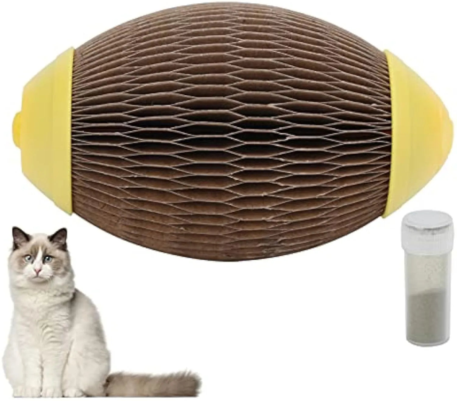 Ellipse-shaped catnip football toy made from brown recycled corrugated paper.