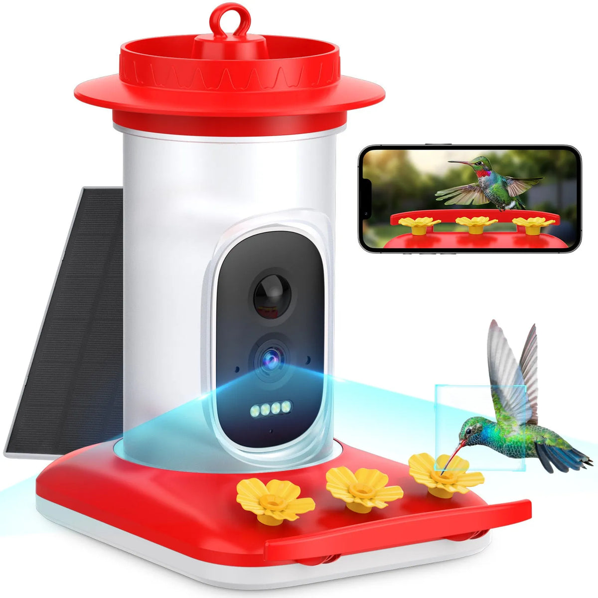 Red intelligent visual hummingbird feeder with 5MP HD camera, solar panel, honey container, straps and bracket