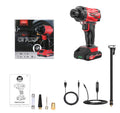 Red and black portable car tyre air pump with power cable and multiple nozzle attachments