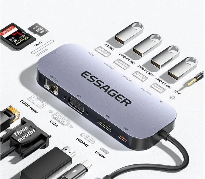 11-in-1 USB-C expansion hub with Gigabit Ethernet port and integrated cable separator.