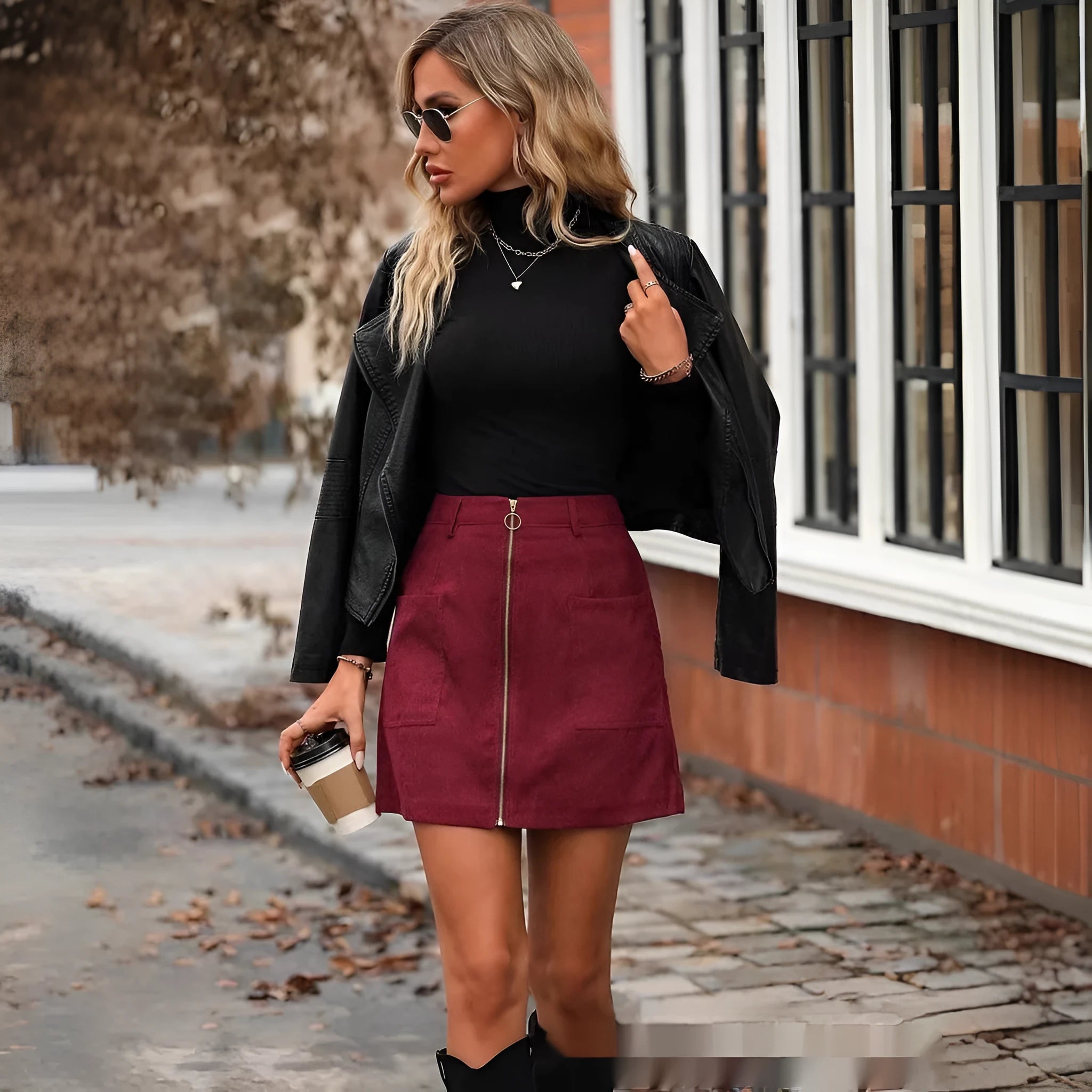 Women's high waist short hip skirt with zipper in black, shown on model.