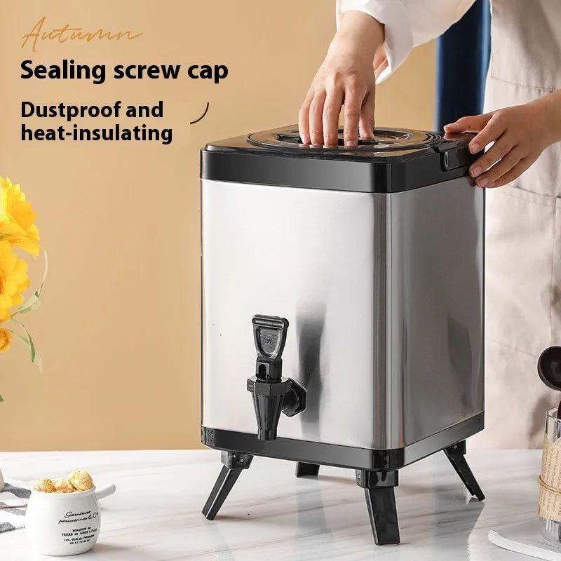 Silver stainless steel milk tea bucket with square lock lid, 8-litre capacity for commercial use.