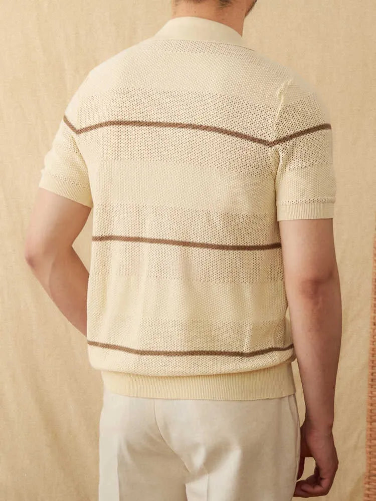 Men's camel coloured lapel cardigan with short sleeves made from cotton linen blend fabric