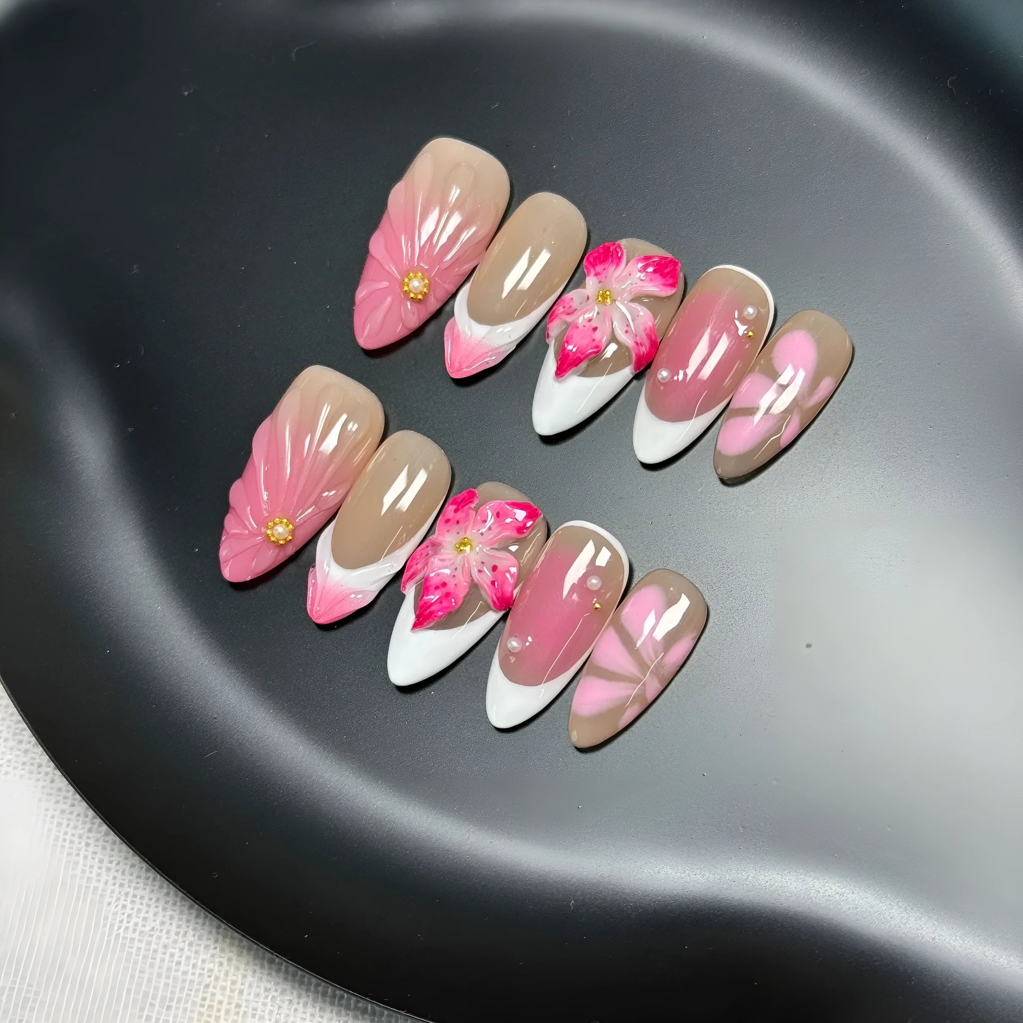 French style lily artificial nails with 3D fluid ice flower design in almond shape