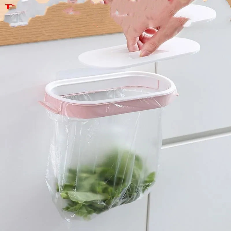 Blue plastic kitchen garbage bag storage rack on a worktop holding a roll of bin liners.