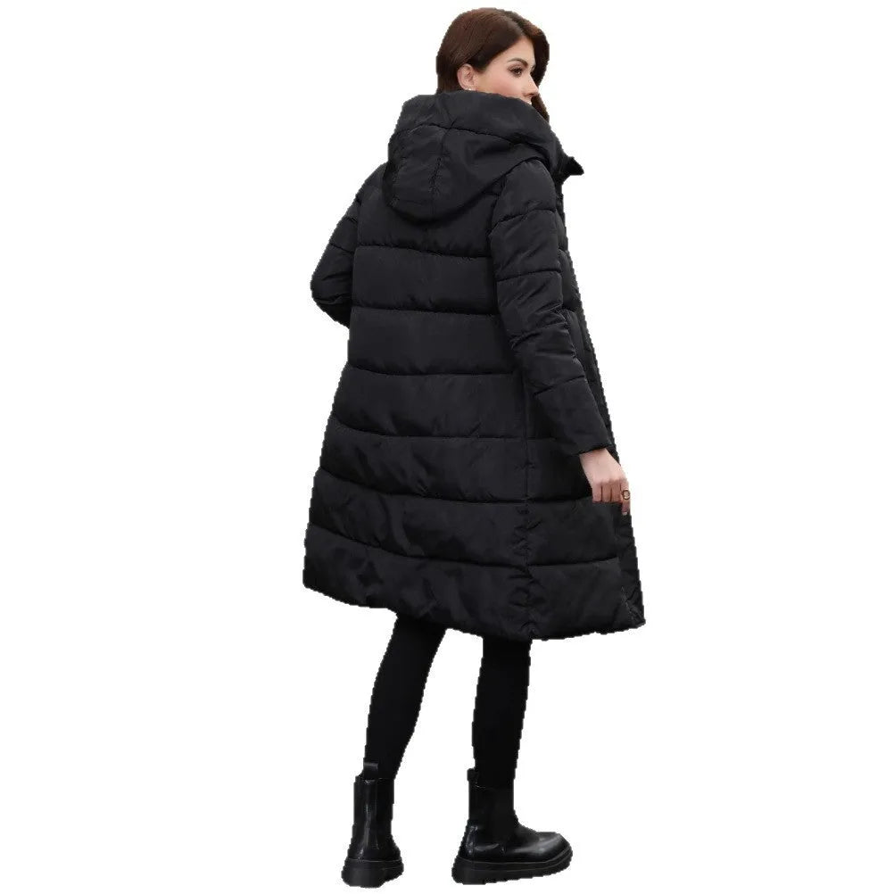 Black slim fit hooded long jacket on a model, showing tapered silhouette and regular sleeves