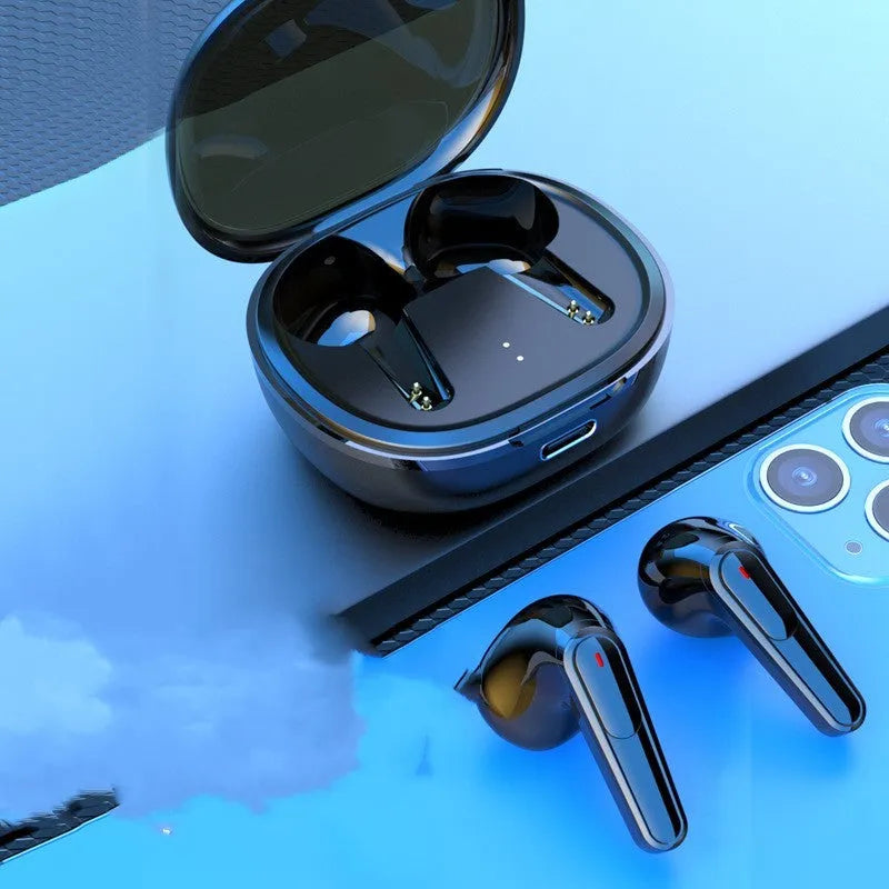 Black Bluetooth earbuds with noise reduction and low-latency mode for e-sports