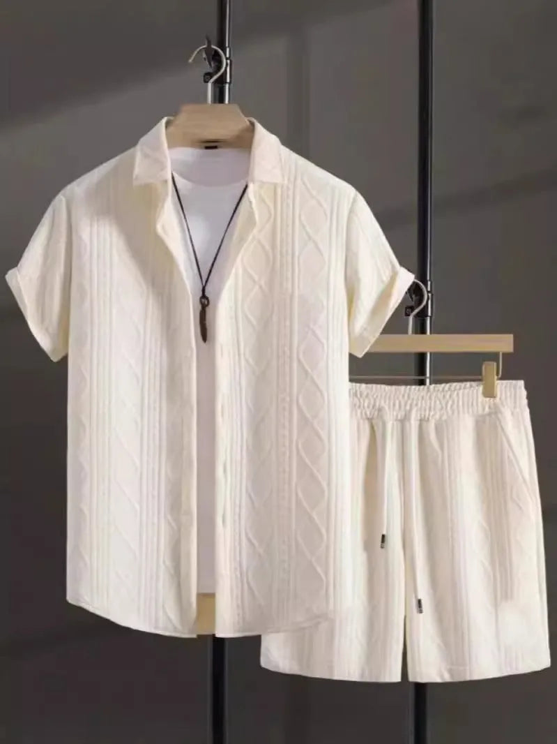 Jacquard fabric short sleeve suit set with matching shorts in a solid colour.