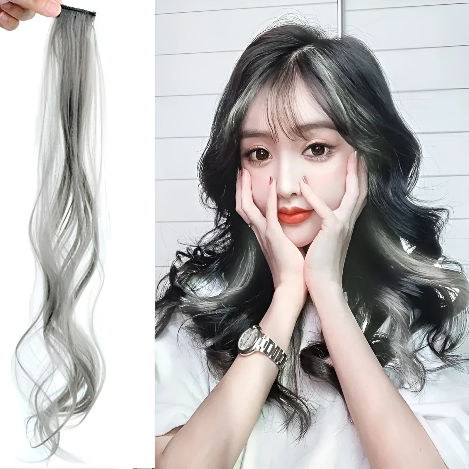 Long curly gradient hair wig patch in mixed silk, showing 60cm length and colour blend.