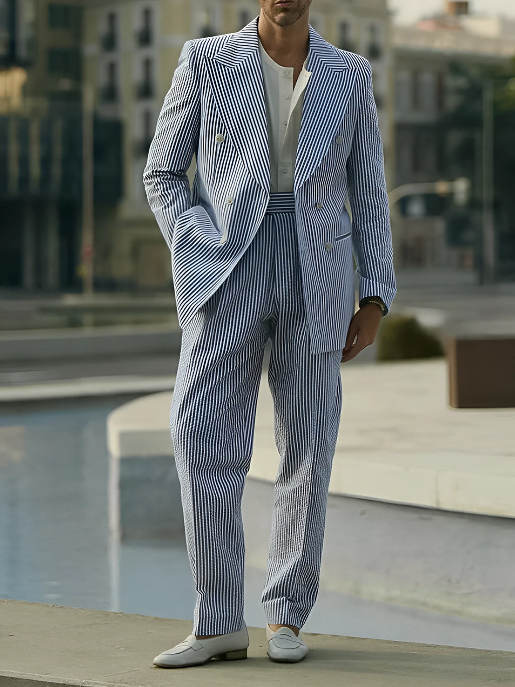 Blue and white striped women's polyester suit set with blazer and trousers