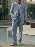 Blue and white striped women's polyester suit set with blazer and trousers