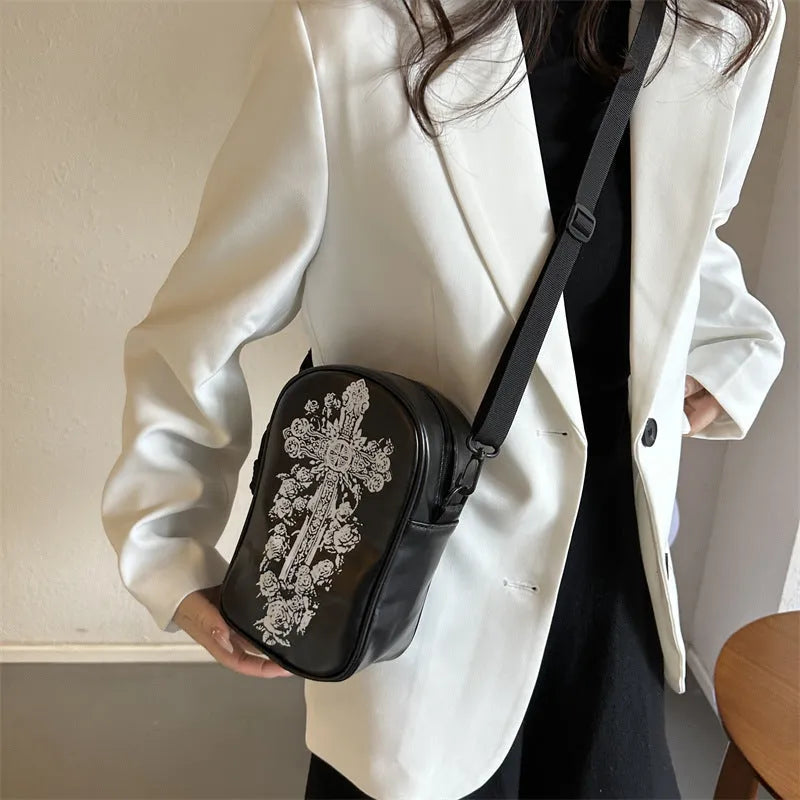 Women's Halloween graffiti print crossbody bag with pumpkin ghost bat cartoon design in black PU material